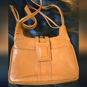Lou Taylor gorgeous vintage tan leather handbag built-in mirror many pockets